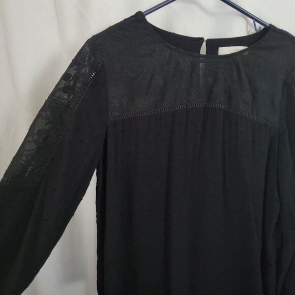 Loft Black Blouse Lace Yoke long sleeves Large Rayon Polyester keyhole EUC - Picture 8 of 12